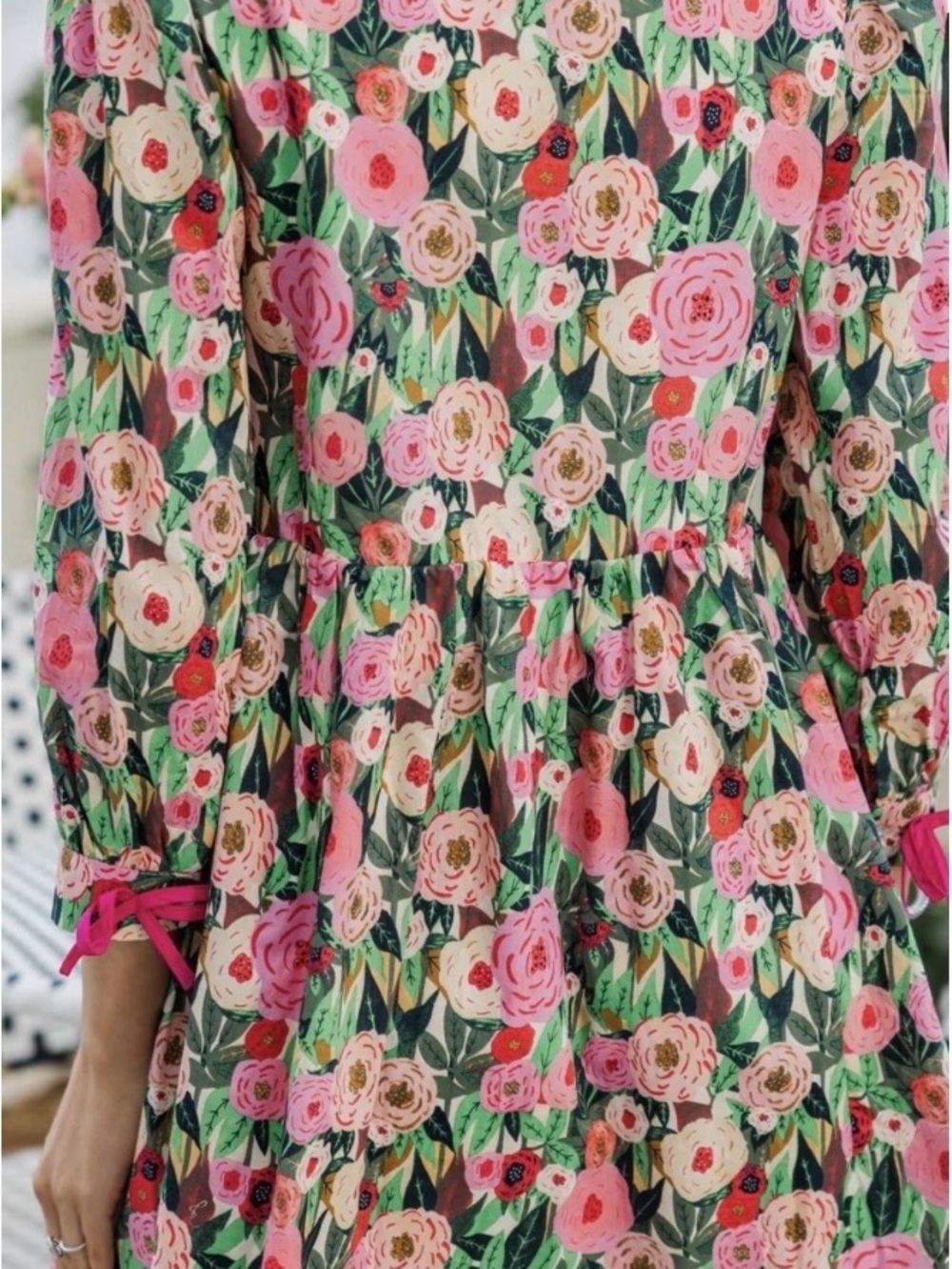 Shop The Mint Floral Bow Front Mini Dress Pink, Green, Yellow Small 3/4 Sleeves - Picture 8 of 13